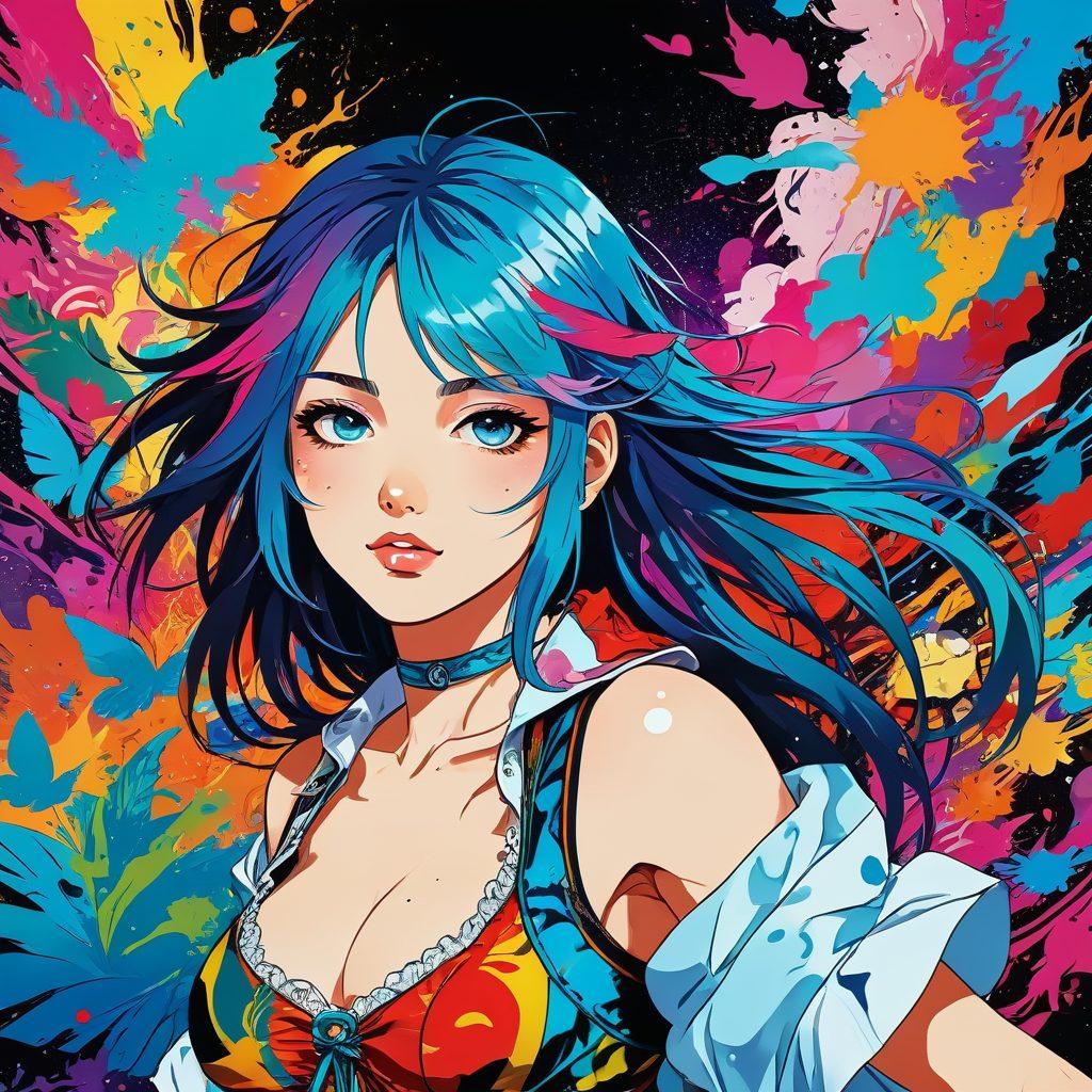 A captivating illustration of diverse hentai genres, showcasing a rich tapestry of characters and scenes like fantasy, romance, and sci-fi, intertwined with elements of community, such as art exchanges and discussions. Include a vibrant backdrop that symbolizes artistic expression, like paint splashes and digital motifs. The image should evoke a sense of exploration and imaginative storytelling. colorful and detailed. pop art. vibrant colors.